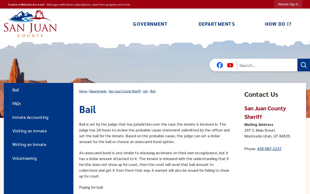 San Juan County Jail bond and release instructions
