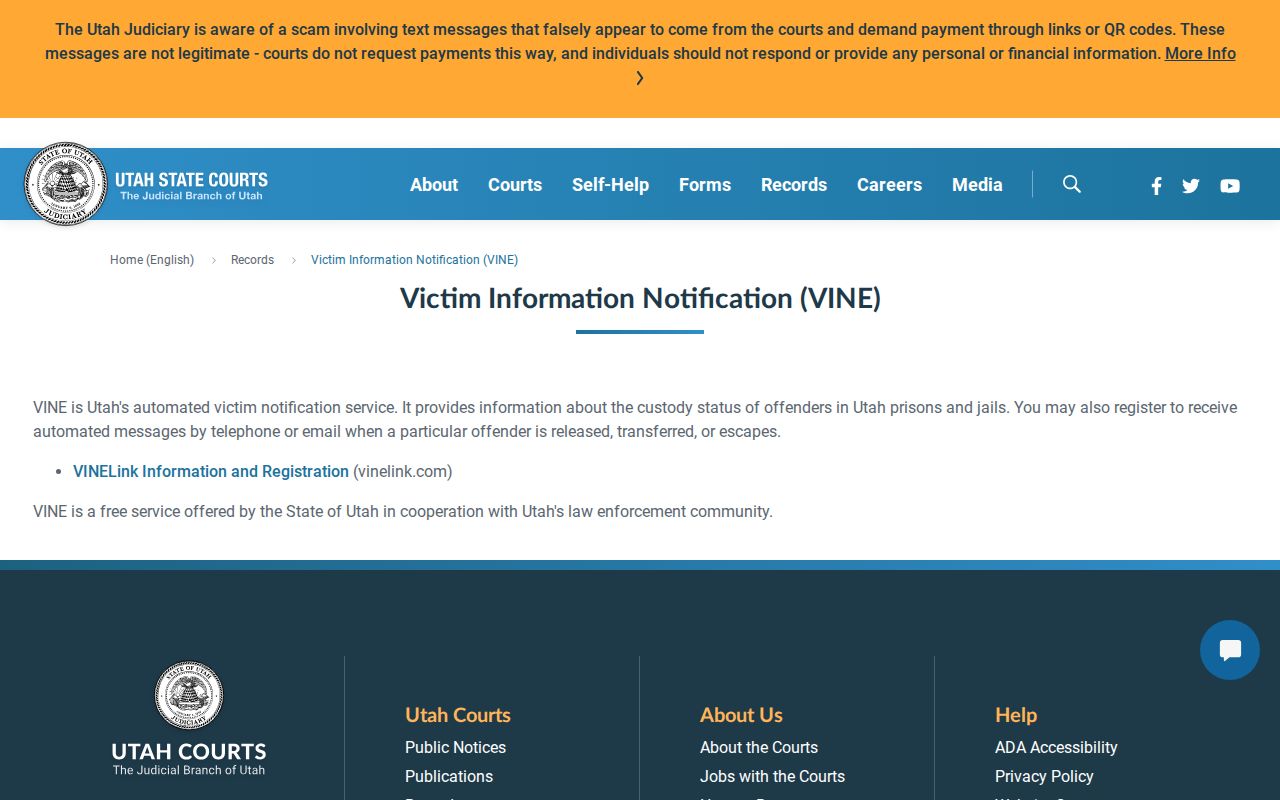 Utah VINE coverage for San Juan County inmate release notifications